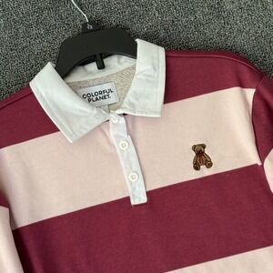Colorful Planet Kids L 12 Rugby Shirt Burgundy Pink Striped Teddy Bear Preppy